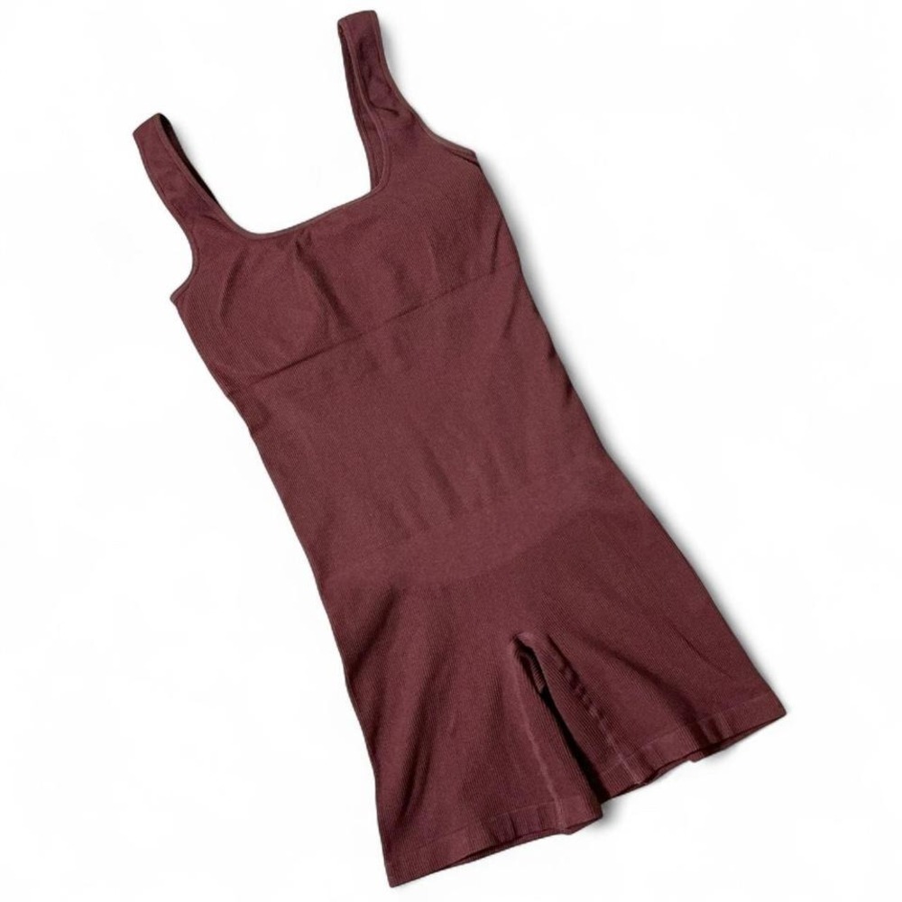 Ribbed Seamless Square Neck Romper Mahogany Brown Size S